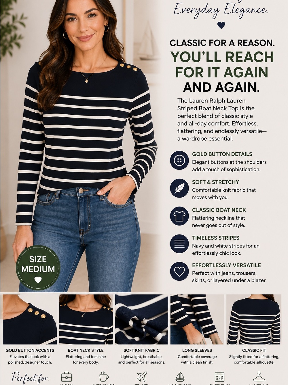 Lauren Ralph Lauren Navy & White Striped Boat Neck Top with Gold Buttons - Picture 1 of 2